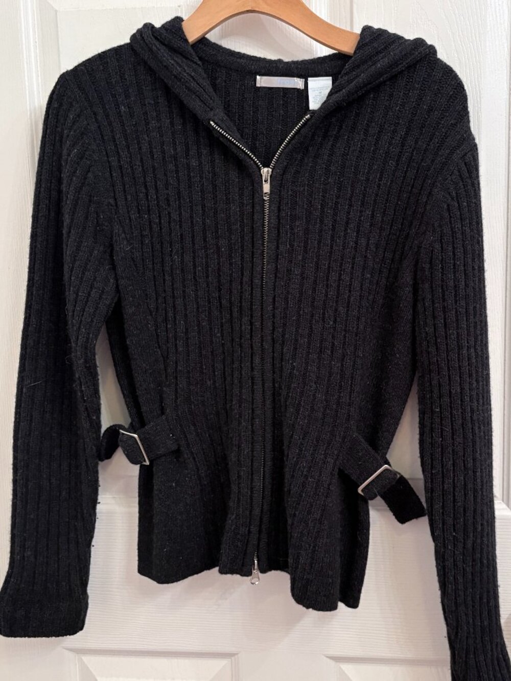 Frost Black Lambswool Hooded Zip Up Sweater Buckle Detail size M Australia